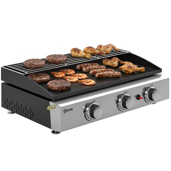 Plancha Gaz avec 3 brûleurs en Acier Inoxydable, 7,5 kW, Barbecue à Gaz avec Plaque Émaillée Résistante à Chaleur et Facile à Nettoyer, Barbecue de Table avec Grille de Réchauffage, Noir