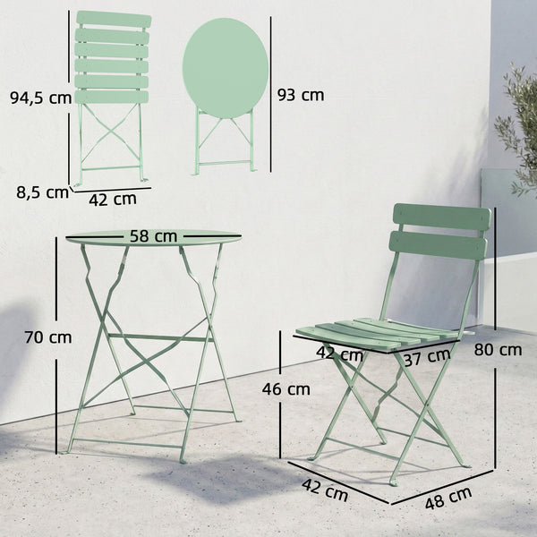 Ensemble bistro de jardin 3 pièces pliable - Table bistrot et 2 chaises à lames, pieds doubles en X, résistant à la rouille - Ensemble balcon extérieur Vert