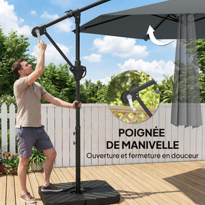 Parasol déporté 3 m avec pied en croix et dalles lestage, parasol de jardin extérieur avec manivelle et loquet de verrouillage, toile polyester 180 g/m², protection UV 30+, gris foncé