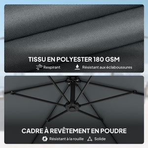 Parasol déporté 3 m avec pied en croix et dalles lestage, parasol de jardin extérieur avec manivelle et loquet de verrouillage, toile polyester 180 g/m², protection UV 30+, gris foncé