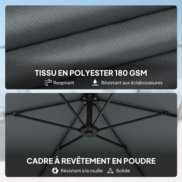 Parasol déporté 3 m avec pied en croix et dalles lestage, parasol de jardin extérieur avec manivelle et loquet de verrouillage, toile polyester 180 g/m², protection UV 30+, gris foncé