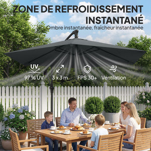 Parasol déporté 3 m avec pied en croix et dalles lestage, parasol de jardin extérieur avec manivelle et loquet de verrouillage, toile polyester 180 g/m², protection UV 30+, gris foncé