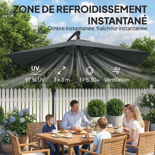 Parasol déporté 3 m avec pied en croix et dalles lestage, parasol de jardin extérieur avec manivelle et loquet de verrouillage, toile polyester 180 g/m², protection UV 30+, gris foncé