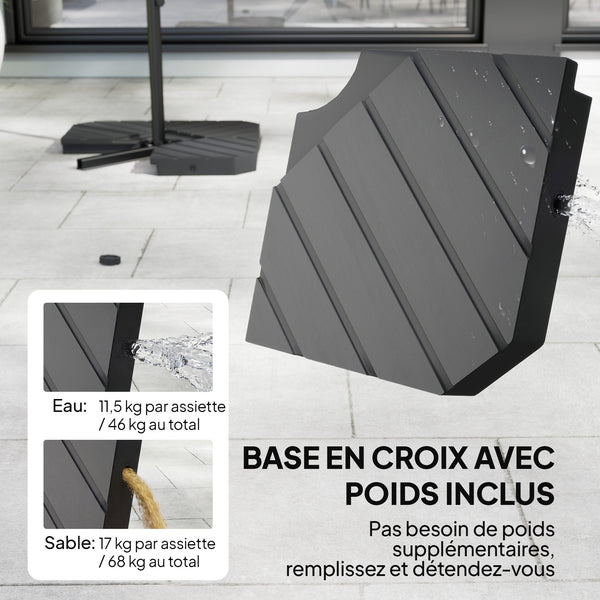Parasol déporté 3 m avec pied en croix et dalles lestage, parasol de jardin extérieur avec manivelle et loquet de verrouillage, toile polyester 180 g/m², protection UV 30+, gris foncé