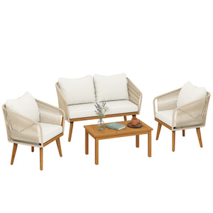 Ensemble de jardin 4 pièces en polyrattan - Salon avec canapé 2 places, 2 fauteuils, table à lattes en acacia, coussins épais lavables, mobilier balcon pour 4 personnes, ensemble pour jardin/balcon blanc crème