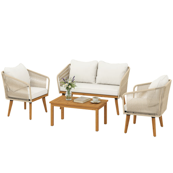 Ensemble de jardin 4 pièces en polyrattan - Salon avec canapé 2 places, 2 fauteuils, table à lattes en acacia, coussins épais lavables, mobilier balcon pour 4 personnes, ensemble pour jardin/balcon blanc crème