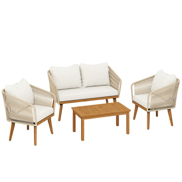 Ensemble de jardin 4 pièces en polyrattan - Salon avec canapé 2 places, 2 fauteuils, table à lattes en acacia, coussins épais lavables, mobilier balcon pour 4 personnes, ensemble pour jardin/balcon blanc crème
