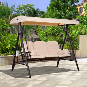 Balancelle de Jardin 3 Places Grand Confort Toit Inclinaison réglable Coussins Plateaux rétractables Polyester filé beige