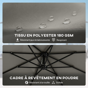 Parasol Déporté de Jardin 3 m avec Base Croisée et Sac de Sable de 80 kg à Remplir, Parasol Banane Rotatif 360° avec Manivelle, Gris