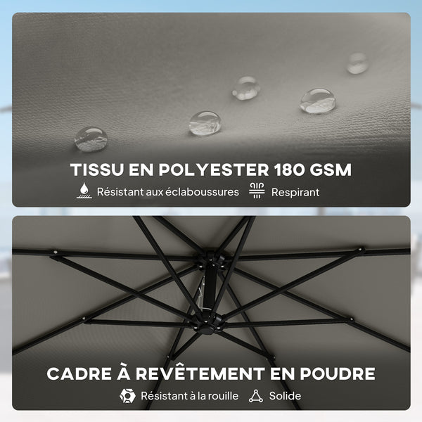 Parasol Déporté de Jardin 3 m avec Base Croisée et Sac de Sable de 80 kg à Remplir, Parasol Banane Rotatif 360° avec Manivelle, Gris