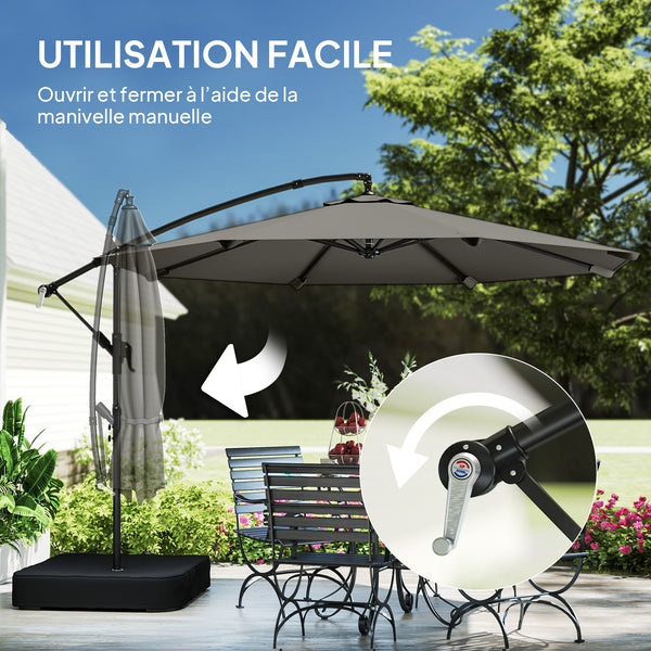 Parasol Déporté de Jardin 3 m avec Base Croisée et Sac de Sable de 80 kg à Remplir, Parasol Banane Rotatif 360° avec Manivelle, Gris