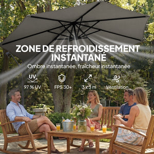 Parasol Déporté de Jardin 3 m avec Base Croisée et Sac de Sable de 80 kg à Remplir, Parasol Banane Rotatif 360° avec Manivelle, Gris