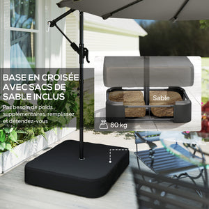 Parasol Déporté de Jardin 3 m avec Base Croisée et Sac de Sable de 80 kg à Remplir, Parasol Banane Rotatif 360° avec Manivelle, Gris