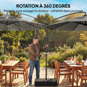 Parasol Déporté de Jardin 3 m avec Base Croisée et Sac de Sable de 80 kg à Remplir, Parasol Banane Rotatif 360° avec Manivelle, Gris