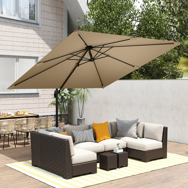 Parasol déporté carré 3 x 3 m, parasol de jardin extérieur, rotation 360°, inclinable 5 positions, 7 baleines, base en croix et manivelle, protection solaire UPF30+, mât en aluminium, kaki