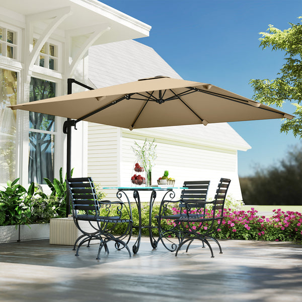 Parasol déporté carré 3 x 3 m, parasol de jardin extérieur, rotation 360°, inclinable 5 positions, 7 baleines, base en croix et manivelle, protection solaire UPF30+, mât en aluminium, kaki