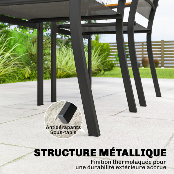 Lot de 2 Chaises de Jardin Empilables, Accoudoirs en WPC, Dossier Haut, Chaise de Salle à Manger Exterieure pour Balcon Terrasse Patio, Métal et Textilène, Gris