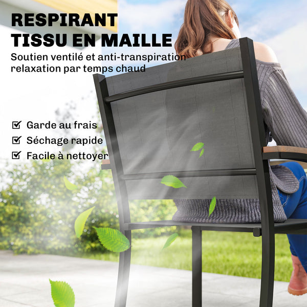 Lot de 2 Chaises de Jardin Empilables, Accoudoirs en WPC, Dossier Haut, Chaise de Salle à Manger Exterieure pour Balcon Terrasse Patio, Métal et Textilène, Gris