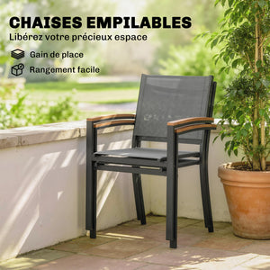 Lot de 2 Chaises de Jardin Empilables, Accoudoirs en WPC, Dossier Haut, Chaise de Salle à Manger Exterieure pour Balcon Terrasse Patio, Métal et Textilène, Gris
