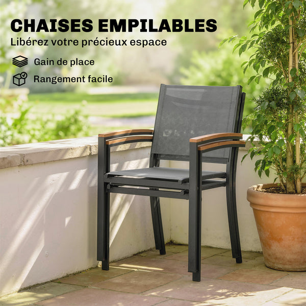 Lot de 2 Chaises de Jardin Empilables, Accoudoirs en WPC, Dossier Haut, Chaise de Salle à Manger Exterieure pour Balcon Terrasse Patio, Métal et Textilène, Gris