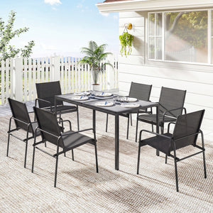 Ensemble de Salle à Manger Extérieur 7 Pièces pour 6 Personnes, Table de Patio Effet Bois et Chaises avec Assise en Maille Respirante, Mobilier de Jardin avec Cadre en Acier Galvanisé, Noir