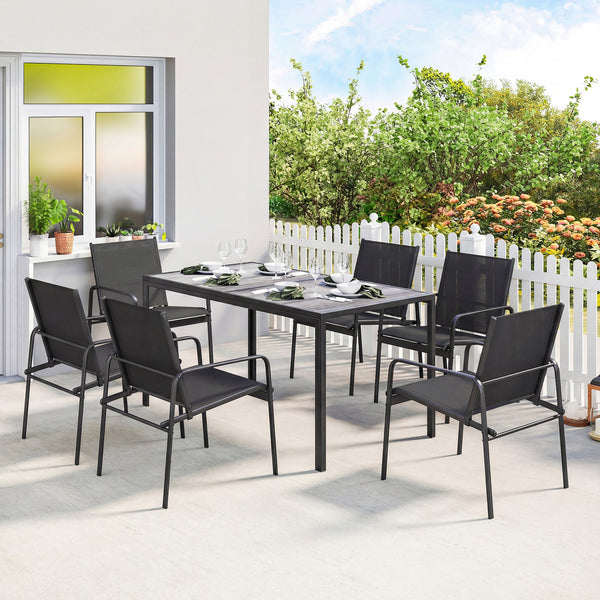 Ensemble de Salle à Manger Extérieur 7 Pièces pour 6 Personnes, Table de Patio Effet Bois et Chaises avec Assise en Maille Respirante, Mobilier de Jardin avec Cadre en Acier Galvanisé, Noir