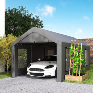 Carport tente de garage 3 x 6 m abri voiture extérieur tente de stockage avec parois latérales amovibles, 2 portes enroulables et 4 fenêtres, carport pour voiture, camion, bateau, gris foncé