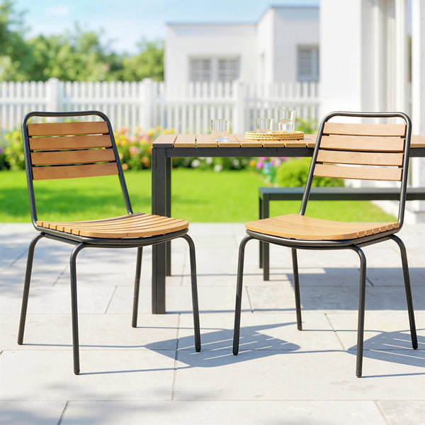 Lot de 2 Chaises de Jardin Empilables, Assise et Dossier en Bois Massif à Lattes, Structure en Acier, Chaises d'Extérieur pour Terrasse Balcon Bistro, 61x47x81cm, Naturel