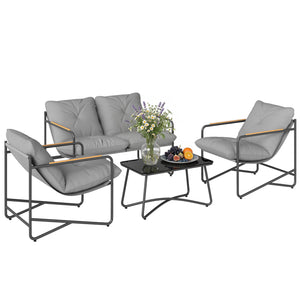 Ensemble Salon de Jardin 4 Pièces, Mobilier de Jardin en Métal avec Canapé 2 Places, 2 Fauteuils, Table Basse en Verre, Coussins Épais, Salon d'Extérieur pour Patio Balcon, Gris Clair