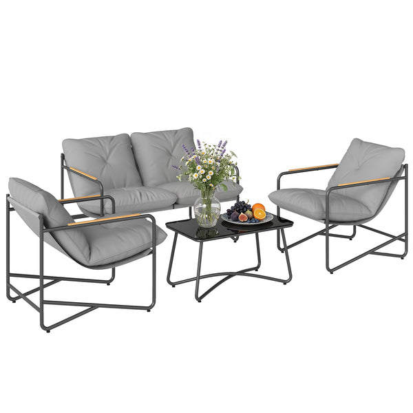 Ensemble Salon de Jardin 4 Pièces, Mobilier de Jardin en Métal avec Canapé 2 Places, 2 Fauteuils, Table Basse en Verre, Coussins Épais, Salon d'Extérieur pour Patio Balcon, Gris Clair