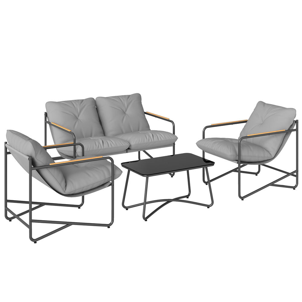 Ensemble Salon de Jardin 4 Pièces, Mobilier de Jardin en Métal avec Canapé 2 Places, 2 Fauteuils, Table Basse en Verre, Coussins Épais, Salon d'Extérieur pour Patio Balcon, Gris Clair