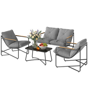 Ensemble Salon de Jardin 4 Pièces, Mobilier de Jardin en Métal avec Canapé 2 Places, 2 Fauteuils, Table Basse en Verre, Coussins Épais, Salon d'Extérieur pour Patio Balcon, Gris Clair