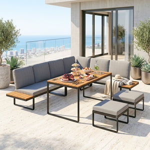 Ensemble de Jardin 6 Pièces avec Coussins, Mobilier de Jardin en Aluminium pour 6 à 8 Personnes avec Table, Canapé d'Angle pour Terrasse, Jardin, Véranda, Gris