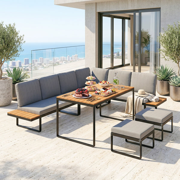 Ensemble de Jardin 6 Pièces avec Coussins, Mobilier de Jardin en Aluminium pour 6 à 8 Personnes avec Table, Canapé d'Angle pour Terrasse, Jardin, Véranda, Gris