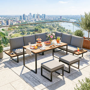 Ensemble de Jardin 6 Pièces avec Coussins, Mobilier de Jardin en Aluminium pour 6 à 8 Personnes avec Table, Canapé d'Angle pour Terrasse, Jardin, Véranda, Gris