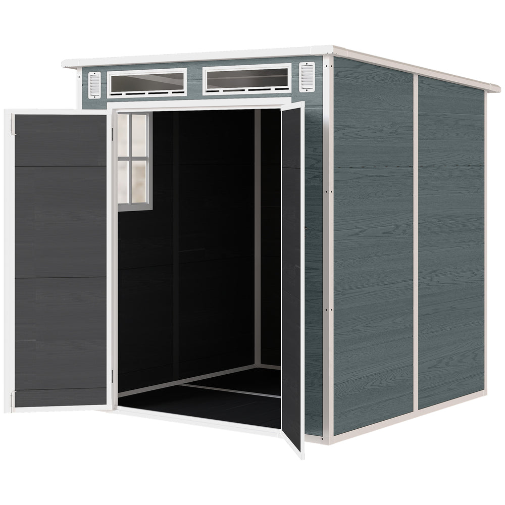 Abri de Jardin en Plastique 6 x 6 ft, Effet Bois, avec Plancher, Trois Fenêtres, Portes Verrouillables et Aérations, pour Outils, Vélo, Générateur, Gris