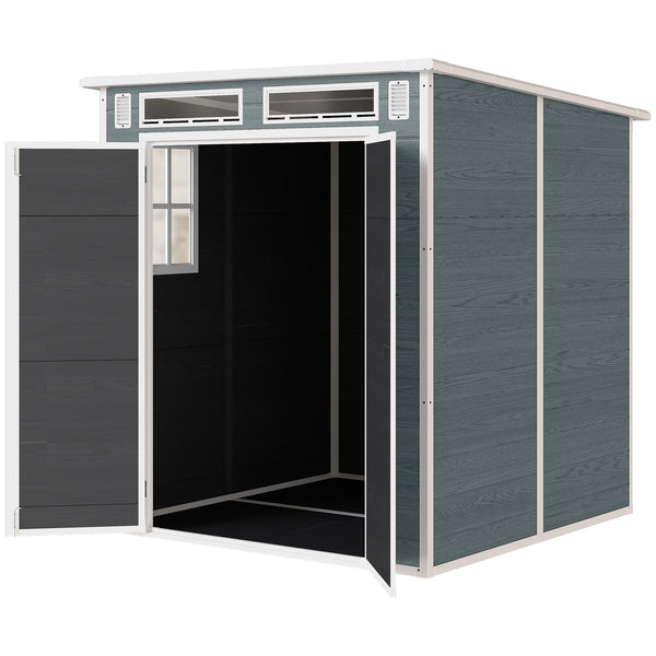 Abri de Jardin en Plastique 6 x 6 ft, Effet Bois, avec Plancher, Trois Fenêtres, Portes Verrouillables et Aérations, pour Outils, Vélo, Générateur, Gris