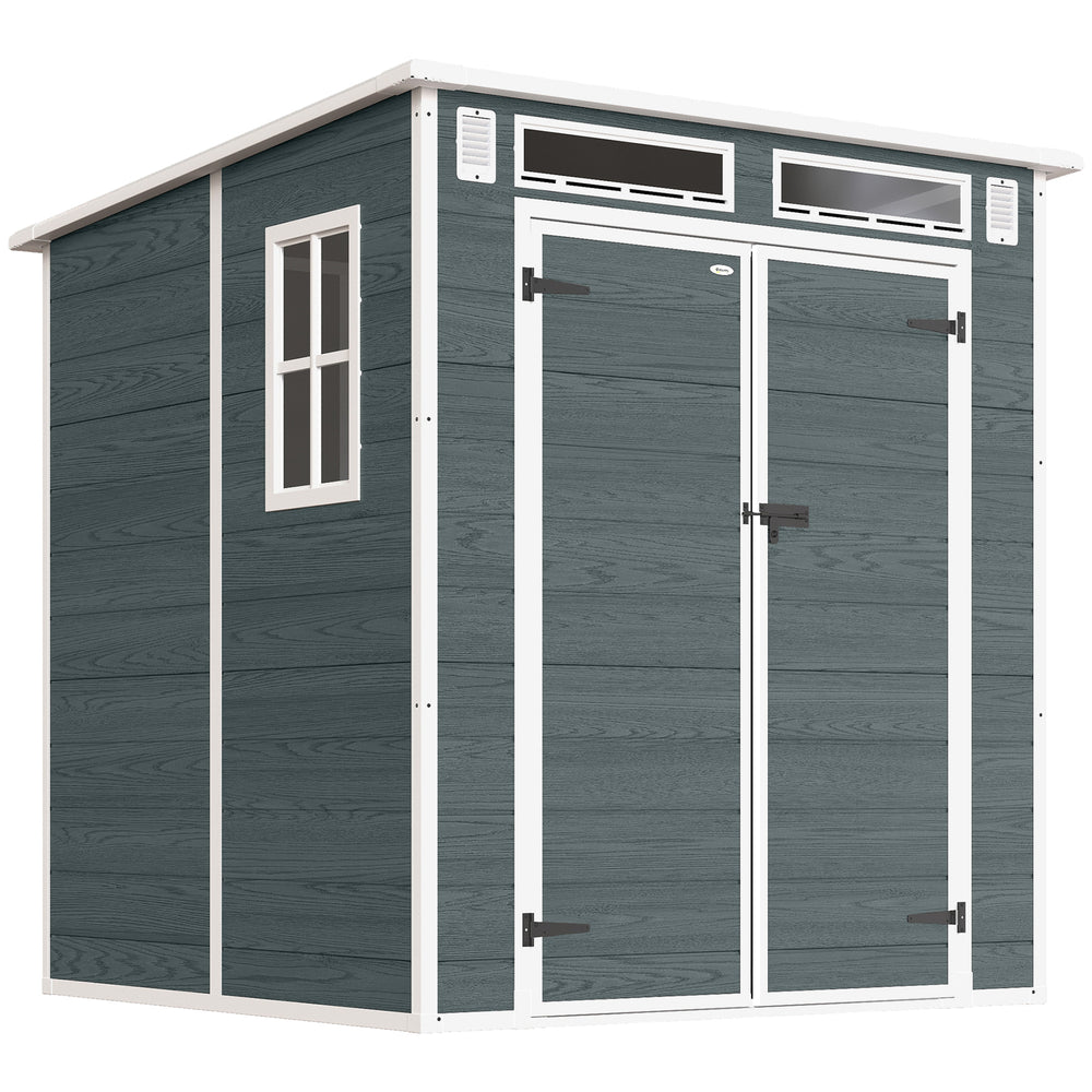 Abri de Jardin en Plastique 6 x 6 ft, Effet Bois, avec Plancher, Trois Fenêtres, Portes Verrouillables et Aérations, pour Outils, Vélo, Générateur, Gris