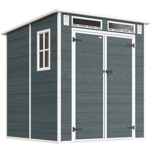 Abri de Jardin en Plastique 6 x 6 ft, Effet Bois, avec Plancher, Trois Fenêtres, Portes Verrouillables et Aérations, pour Outils, Vélo, Générateur, Gris