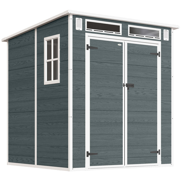 Abri de Jardin en Plastique 6 x 6 ft, Effet Bois, avec Plancher, Trois Fenêtres, Portes Verrouillables et Aérations, pour Outils, Vélo, Générateur, Gris