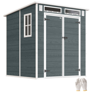 Abri de Jardin en Plastique 6 x 6 ft, Effet Bois, avec Plancher, Trois Fenêtres, Portes Verrouillables et Aérations, pour Outils, Vélo, Générateur, Gris