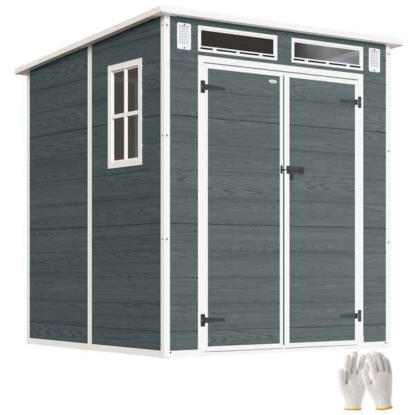 Abri de Jardin en Plastique 6 x 6 ft, Effet Bois, avec Plancher, Trois Fenêtres, Portes Verrouillables et Aérations, pour Outils, Vélo, Générateur, Gris