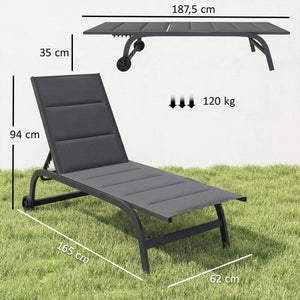 Bain de Soleil en Aluminium, Dossier Réglable 6 Positions avec Roues, Textilène 560g/m² et Rembourrage Intégré, Chaise Longue Anti-Rouille pour Terrasse Piscine Jardin Plage, Gris Foncé