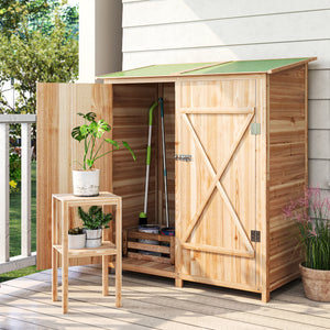 Armoire de jardin cabane à outils 140L x 75l x 157H cm 2 portes verrouillables tabouret de rangement toit en bitume imperméable bois de sapin pré-huilé