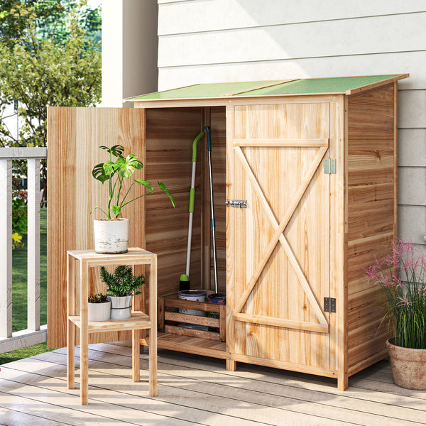 Armoire de jardin cabane à outils 140L x 75l x 157H cm 2 portes verrouillables tabouret de rangement toit en bitume imperméable bois de sapin pré-huilé