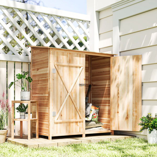 Armoire de jardin cabane à outils 140L x 75l x 157H cm 2 portes verrouillables tabouret de rangement toit en bitume imperméable bois de sapin pré-huilé
