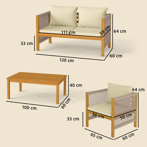 Ensemble de mobilier de jardin en bois pour 4 personnes salon de jardin avec canapé 2 places 2 fauteuils table tressée design à lames coussins lavables, mobilier d'extérieur balcon terrasse pour jardin balcon Beige