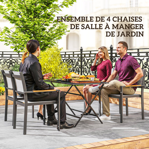 Lot de 4 chaises de jardin avec accoudoirs effet bois, chaises de salle à manger cadre en aluminium fauteuils d'extérieur en tissu respirant pour balcon, terrasse, gris clair