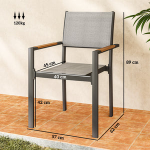 Lot de 4 chaises de jardin avec accoudoirs effet bois, chaises de salle à manger cadre en aluminium fauteuils d'extérieur en tissu respirant pour balcon, terrasse, gris clair
