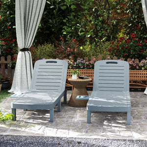 Lot de 2 bain de soleil, chaise longue avec plateaux rétractables, transat jardin extérieur inclinable, surface effet bois pour plage relax camping piscine terrasse, 62 x 158 x 88 cm, gris
